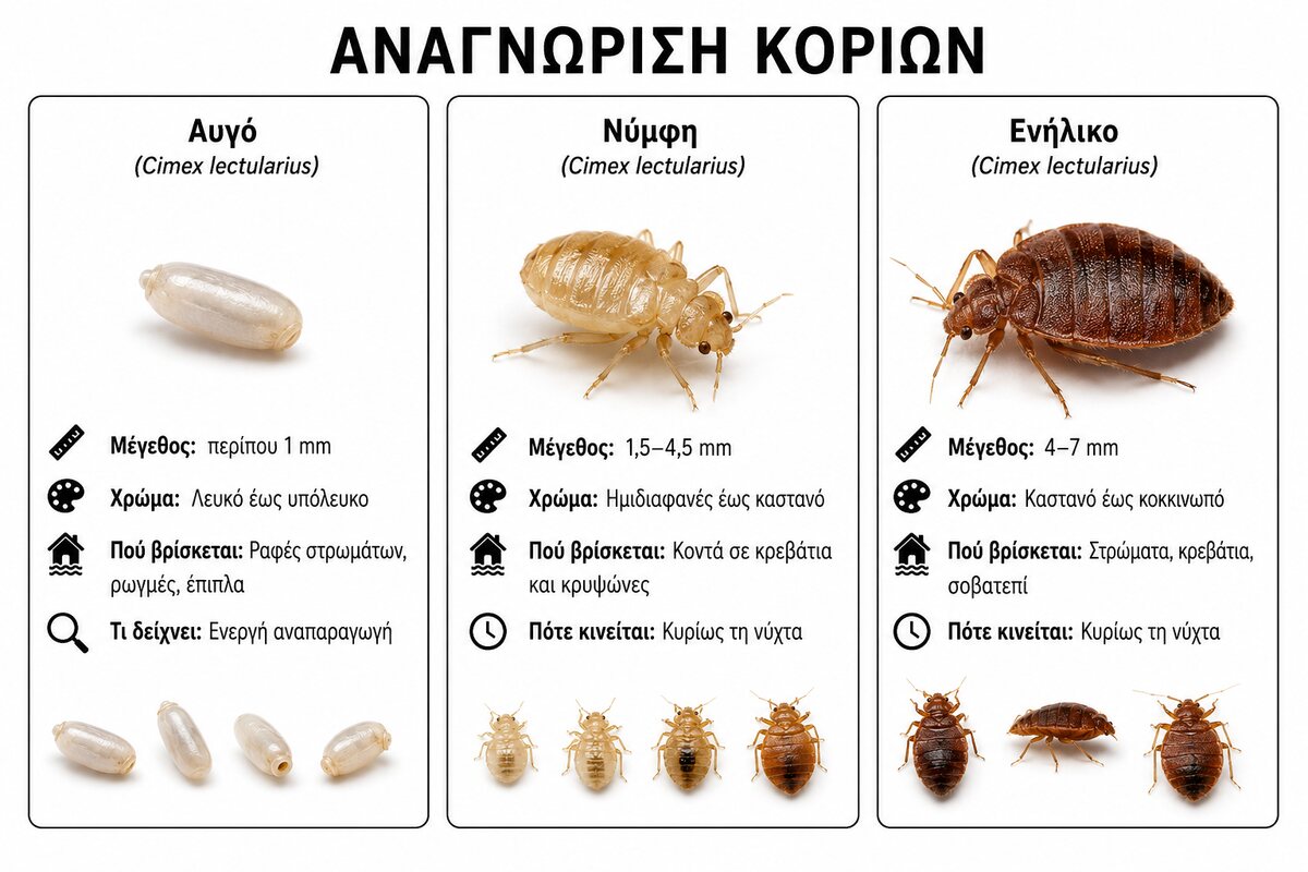 Αυγό, νύμφη και ενήλικος κοριός με χαρακτηριστικά αναγνώρισης