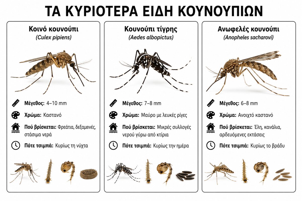 Κοινό κουνούπι, κουνούπι τίγρης και ανωφελές κουνούπι