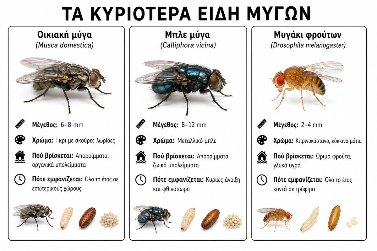 Οικιακή μύγα, μπλε μύγα και μυγάκι φρούτων