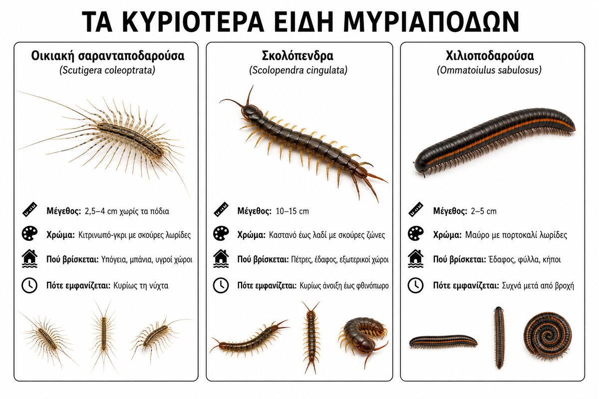 Οικιακή σαρανταποδαρούσα, σκολοπένδρα και χιλιοποδαρούσα