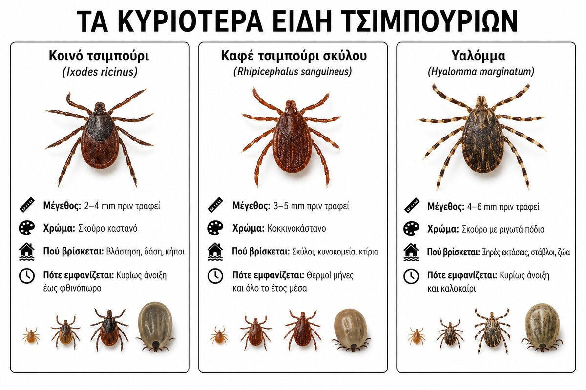 Κοινό τσιμπούρι, καφέ τσιμπούρι σκύλου και Hyalomma marginatum